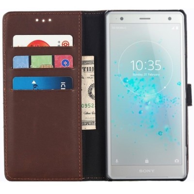 Sony Xperia XZ2 atverčiamas tamsiai rudos spalvos odinis retro dėklas - piniginė / Priedai.lt