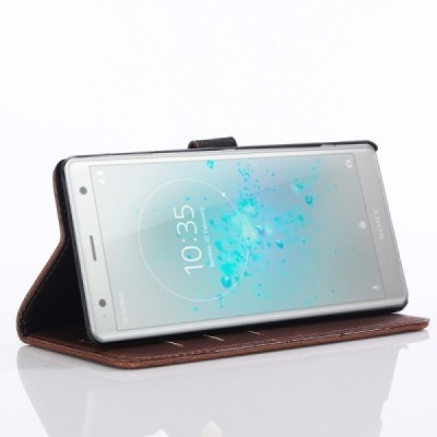 Sony Xperia XZ2 atverčiamas tamsiai rudos spalvos odinis retro dėklas - piniginė / Priedai.lt