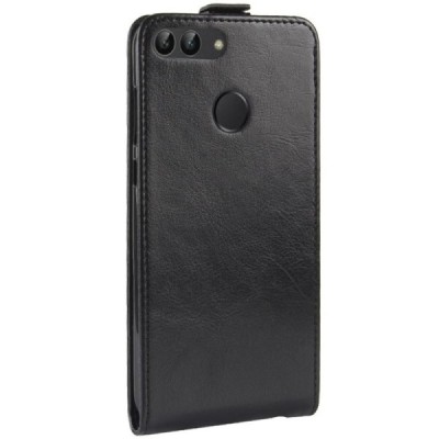Huawei P smart 2018 (Enjoy 7S) vertikaliai atverčiamas juodas odinis dėklas - piniginė / Priedai.lt