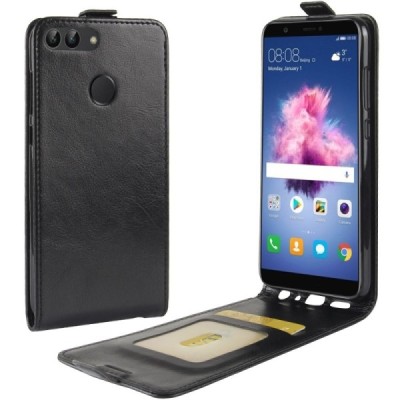 Huawei P smart 2018 (Enjoy 7S) vertikaliai atverčiamas juodas odinis dėklas - piniginė / Priedai.lt