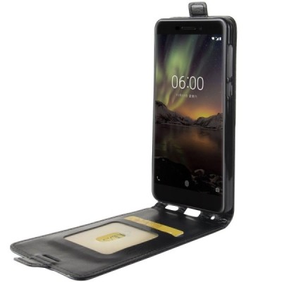 Nokia 6 2018 (Nokia 6.1) klasikinis vertikaliai atverčiamas juodas odinis dėklas / Priedai.lt