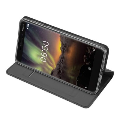 „Dux Ducis“ Skin serijos Nokia 6 2018 (Nokia 6.1) juodas odinis atverčiamas dėklas / Priedai.lt