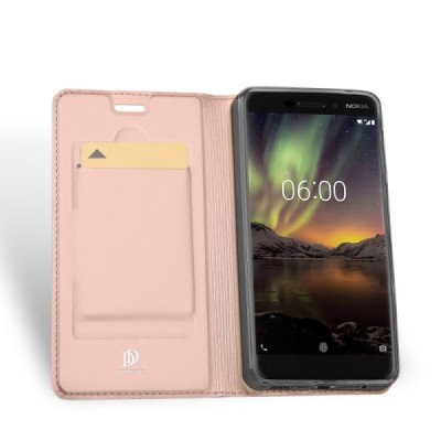 „Dux Ducis“ Skin serijos Nokia 6 2018 (Nokia 6.1) rožinis odinis atverčiamas dėklas / Priedai.lt