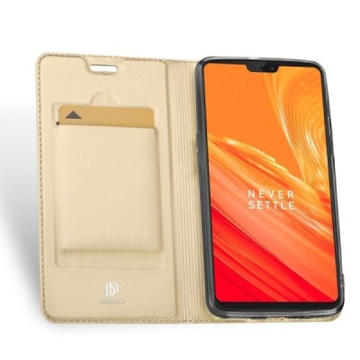 „Dux Ducis“ Skin serijos OnePlus 6 (Six) auksinis odinis atverčiamas dėklas / Priedai.lt