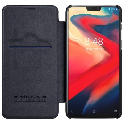 Prabangus „Nillkin“ Qin serijos juodas odinis atverčiamas OnePlus 6 (Six) dėklas - knygutė / Priedai.lt