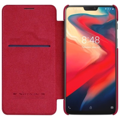 Prabangus „Nillkin“ Qin serijos raudonas odinis atverčiamas OnePlus 6 (Six) dėklas - knygutė / Priedai.lt