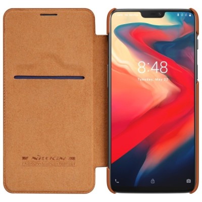 Prabangus „Nillkin“ Qin serijos rudas odinis atverčiamas OnePlus 6 (Six) dėklas - knygutė / Priedai.lt