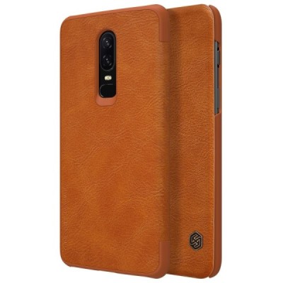 Prabangus „Nillkin“ Qin serijos rudas odinis atverčiamas OnePlus 6 (Six) dėklas - knygutė / Priedai.lt