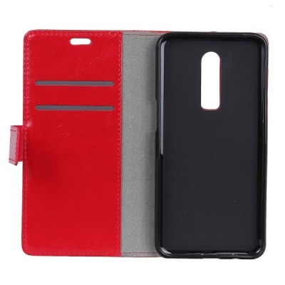 OnePlus 6 (Six) atverčiamas raudonas odinis dėklas, knygutė - piniginė / Priedai.lt