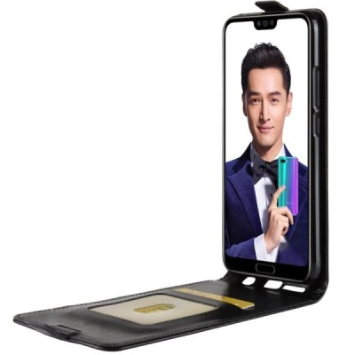 Huawei Honor 10 klasikinis vertikaliai atverčiamas juodas odinis dėklas / Priedai.lt