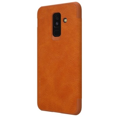 Prabangus „Nillkin“ Qin serijos rudas odinis atverčiamas Samsung Galaxy A6+ 2018 (A605F) dėklas - knygutė / Priedai.lt
