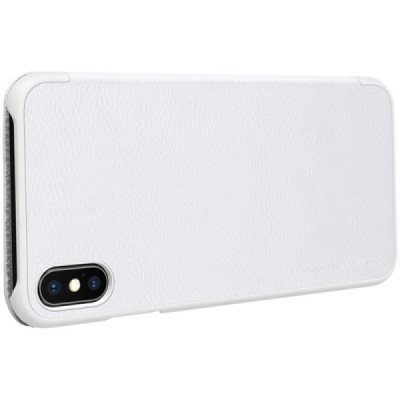 Prabangus „Nillkin“ Qin serijos baltas odinis atverčiamas Apple iPhone Xs Max dėklas / Priedai.lt