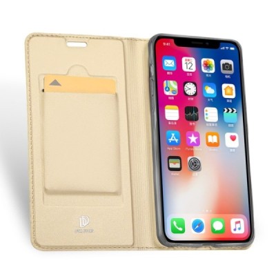 „Dux Ducis“ Skin serijos Apple iPhone Xr auksinis odinis atverčiamas dėklas / Priedai.lt