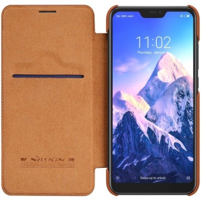 Prabangus „Nillkin“ Qin serijos rudas odinis atverčiamas Xiaomi Redmi 6 Pro (Mi A2 Lite) dėklas / Priedai.lt