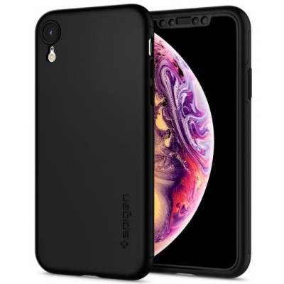 „Spigen“ Thin Fit 360 plastikinis Apple iPhone Xr juodas dėklas - nugarėlė + apsauginis ekrano stiklas / Priedai.lt