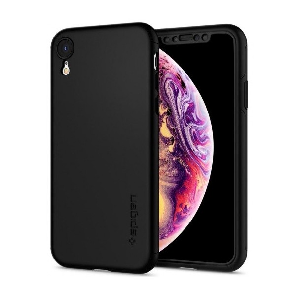„Spigen“ Thin Fit 360 plastikinis dėklas - juodas + apsauginis ekrano stiklas (iPhone Xr)