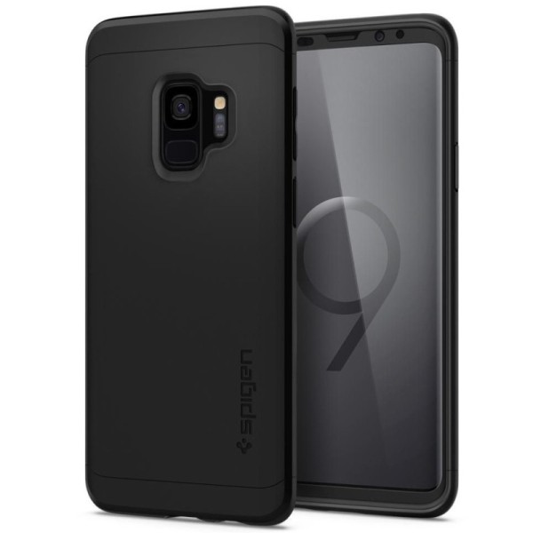 „Spigen“ Thin Fit 360 plastikinis dėklas - juodas + apsauginis ekrano stiklas (Galaxy S9)