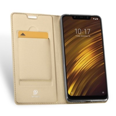 „Dux Ducis“ Skin serijos Xiaomi Pocophone F1 auksinis odinis atverčiamas dėklas / Priedai.lt