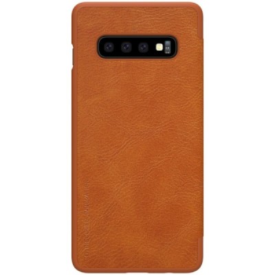 Prabangus „Nillkin“ Qin serijos rudas odinis atverčiamas Samsung Galaxy S10 (G973) dėklas / Priedai.lt