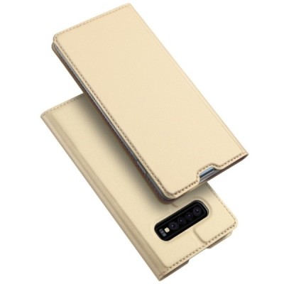 „Dux Ducis“ Skin serijos Samsung Galaxy S10 (G973) auksinis odinis atverčiamas dėklas / Priedai.lt