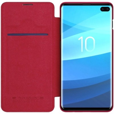 Prabangus „Nillkin“ Qin serijos raudonas odinis atverčiamas Samsung Galaxy S10+ (G975) dėklas / Priedai.lt