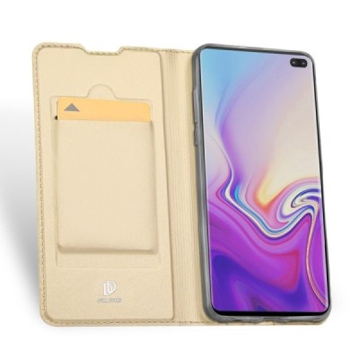 „Dux Ducis“ Skin serijos Samsung Galaxy S10+ (G975) auksinis odinis atverčiamas dėklas / Priedai.lt