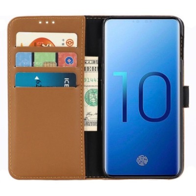 Samsung Galaxy S10e (G970) atverčiamas šviesiai rudas odinis retro dėklas - piniginė / Priedai.lt