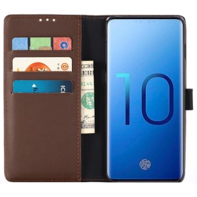 Samsung Galaxy S10+ (G975) atverčiamas tamsiai rudas odinis retro dėklas - piniginė / Priedai.lt