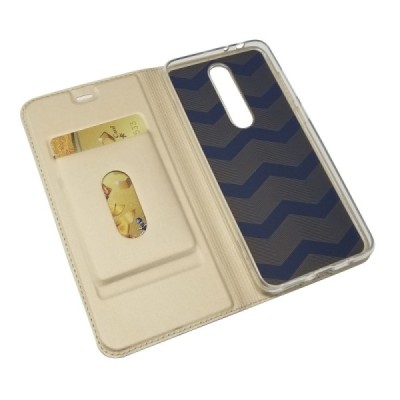 „Dux Ducis“ Skin serijos Nokia 5.1 Plus (2018) auksinis odinis atverčiamas dėklas / Priedai.lt