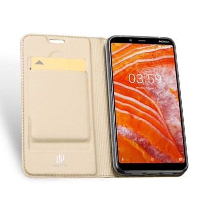 „Dux Ducis“ Skin serijos Nokia 3.1 Plus (2018) auksinis odinis atverčiamas dėklas / Priedai.lt