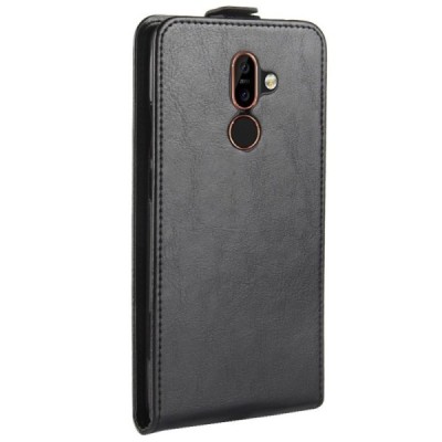 Nokia 7 Plus klasikinis vertikaliai atverčiamas juodas odinis dėklas / Priedai.lt