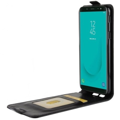Samsung Galaxy J6 2018 (J600) klasikinis vertikaliai atverčiamas juodas odinis dėklas / Priedai.lt