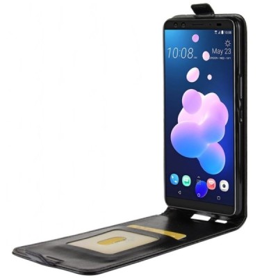 HTC U12 Plus klasikinis vertikaliai atverčiamas juodas odinis dėklas / Priedai.lt