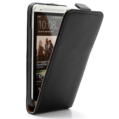 Atverčiamas vertikaliai HTC One M7 juodas odinis dėklas / Priedai.lt