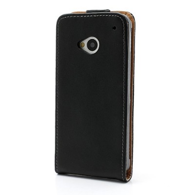 Atverčiamas vertikaliai HTC One M7 juodas odinis dėklas / Priedai.lt