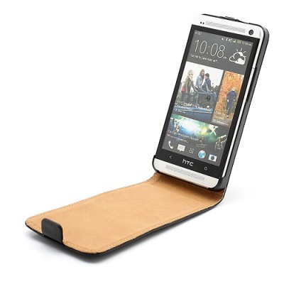 Atverčiamas vertikaliai HTC One M7 juodas odinis dėklas / Priedai.lt