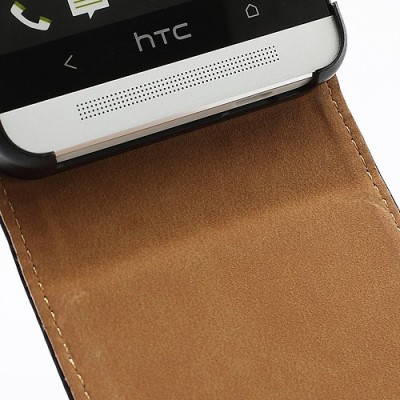Atverčiamas vertikaliai HTC One M7 juodas odinis dėklas / Priedai.lt