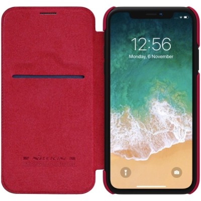Prabangus „Nillkin“ Qin serijos raudonas odinis atverčiamas Apple iPhone Xr dėklas / Priedai.lt