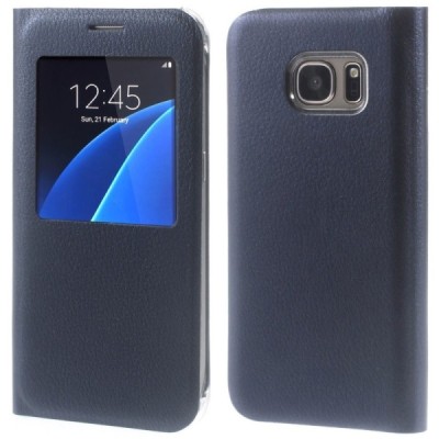 Samsung Galaxy S7 (G930) tamsiai mėlynas odinis atverčiamas dėklas su langeliu / Priedai.lt