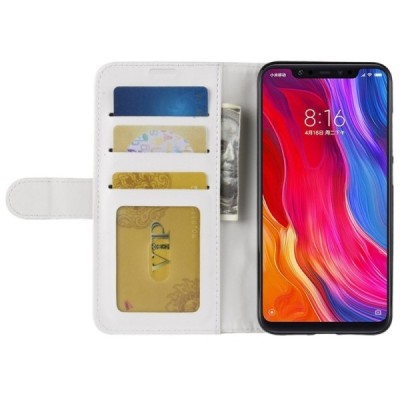 Xiaomi Mi 8 atverčiamas baltas odinis dėklas - piniginė / Priedai.lt