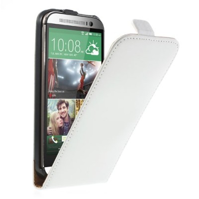 HTC One M8 klasikinis baltas odinis vertikaliai atverčiamas dėklas / Priedai.lt
