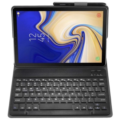 Samsung Galaxy Tab A 10.5 2018 (T590, T595) atverčiamas juodas odinis dėklas su bluetooth belaide klaviatūra / Priedai.lt