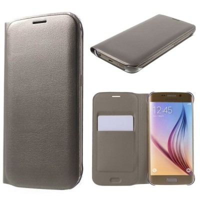 Samsung Galaxy S6 Edge šampaninis odinis atverčiamas Smart Wallet dėklas - piniginė / Priedai.lt