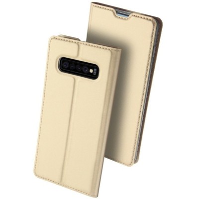 „Dux Ducis“ Skin serijos Samsung Galaxy S10 (G973) auksinis odinis atverčiamas dėklas / Priedai.lt