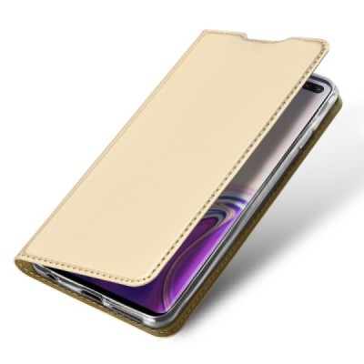 „Dux Ducis“ Skin serijos Samsung Galaxy S10+ (G975) auksinis odinis atverčiamas dėklas / Priedai.lt