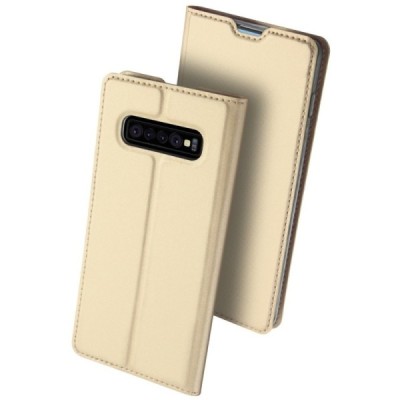 „Dux Ducis“ Skin serijos Samsung Galaxy S10+ (G975) auksinis odinis atverčiamas dėklas / Priedai.lt