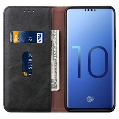 „Deluxe“ atverčiamas juodas odinis Samsung Galaxy S10+ (G975) dėklas - knygutė / Priedai.lt