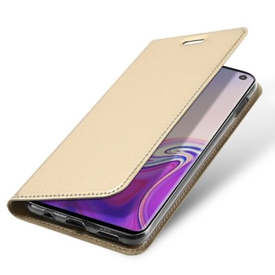 „Dux Ducis“ Skin serijos Samsung Galaxy S10e (G970) auksinis odinis atverčiamas dėklas / Priedai.lt