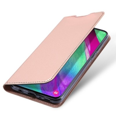 „Dux Ducis“ Skin serijos Samsung Galaxy A40 (A405F) rožinis odinis atverčiamas dėklas / Priedai.lt