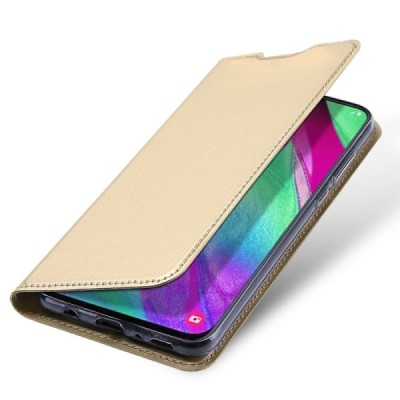 „Dux Ducis“ Skin serijos Samsung Galaxy A40 (A405F) auksinis odinis atverčiamas dėklas / Priedai.lt